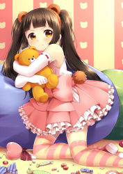 Rule 34 | &gt;:t, 10s, 1girl, :t, amayadori machi, animal print, bear print, black hair, blush, brown eyes, candy, dress, elbow gloves, food, from side, gloves, hikariin25, hug, kneeling, kumamiko, long hair, looking at viewer, pout, ribbon-trimmed gloves, ribbon trim, solo, striped clothes, striped legwear, striped thighhighs, stuffed animal, stuffed toy, teddy bear, thighhighs, twintails, v-shaped eyebrows, white gloves