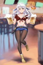 Rule 34 | 1girl, alcohol, alternate costume, artist name, bar (place), bar stool, beer, beer mug, belt, bird, black pantyhose, blurry, blurry background, blush, boots, breasts, brown footwear, burnt green tea, character name, checkered clothes, checkered shirt, collarbone, cropped shirt, cup, denim, denim shorts, drinking glass, fire emblem, fire emblem: radiant dawn, front-tie top, full body, gluteal fold, grey hair, grin, groin, half updo, highres, holding, holding cup, leg up, long hair, looking at viewer, lowleg, lowleg shorts, medium breasts, micaiah (fire emblem), midriff, mug, navel, nintendo, notepad, pantyhose, pencil, plaid, plaid shirt, shirt, short shorts, short sleeves, shorts, signature, smile, solo, sparkle, stool, tied shirt, twin peaks, yellow eyes, yune (fire emblem)