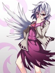 Rule 34 | 1girl, ashiroku (miracle hinacle), bare legs, covering own mouth, dress, gradient background, highres, jacket, kishin sagume, red eyes, short dress, short hair, silver hair, single wing, solo, touhou, wings