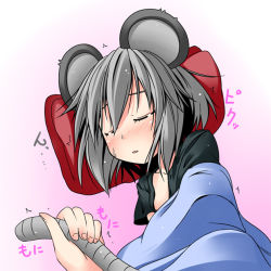 Rule 34 | 1girl, animal ears, blouse, blush, closed eyes, female focus, grey hair, holding another&#039;s tail, ichimi, mouse ears, mouse tail, nazrin, open clothes, open shirt, pillow, shirt, sleeping, solo focus, tail, tail grab, touhou, trembling, uncommon stimulation