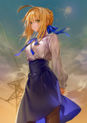 Rule 34 | 1girl, ahoge, arms behind back, artoria pendragon (all), artoria pendragon (fate), bad id, bad pixiv id, blonde hair, blue ribbon, blue skirt, breasts, brown pantyhose, closed mouth, cloud, cowboy shot, fate/stay night, fate (series), gradient sky, green eyes, hair intakes, hair ribbon, high-waist skirt, highres, legs apart, long skirt, long sleeves, looking at viewer, medium breasts, neck ribbon, ogyue, own hands together, pantyhose, power lines, puffy long sleeves, puffy sleeves, ribbon, saber (fate), serious, shirt, short hair with long locks, sidelocks, skirt, sky, solo, standing, star (sky), starry sky, twilight, underbust, white shirt