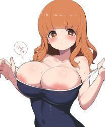 Rule 34 | 1girl, blue one-piece swimsuit, blush, breasts, brown eyes, collarbone, covered navel, girls und panzer, heart, heart-shaped pupils, highres, large areolae, large breasts, medium breasts, nipples, off-shoulder one-piece swimsuit, off shoulder, one-piece swimsuit, sweater, swimsuit, symbol-shaped pupils, takebe saori, wet, yabai gorilla