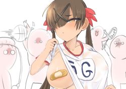 Rule 34 | 1girl, :o, ball, bandages, bandaid, bandaid on breast, basketball, basketball (object), blush, brown eyes, brown hair, clothes lift, gym uniform, hair ribbon, half-closed eyes, long hair, looking at viewer, o o, one eye covered, open mouth, original, people, racket, red ribbon, ribbon, shiming liangjing, shirt, shirt lift, short hair, simple background, twintails, upper body, white background, white shirt