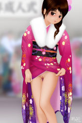 Rule 34 | 1girl, acerbi, brown eyes, brown hair, cleft of venus, japanese clothes, kimono, looking at viewer, no panties, pussy, solo, uncensored