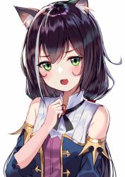 Rule 34 | 1girl, :d, animal ear fluff, animal ears, aroa (aroamoyasi), bare shoulders, black hair, blush, cat ears, cat girl, detached sleeves, fang, gem, green eyes, karyl (princess connect!), long hair, long sleeves, looking at viewer, low twintails, multicolored clothes, multicolored hair, open mouth, princess connect!, simple background, skin fang, smile, solo, streaked hair, twintails, upper body, v-shaped eyebrows, white background, white hair