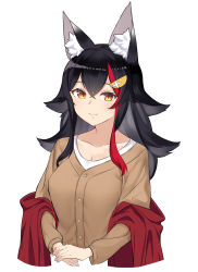 Rule 34 | 1girl, absurdres, alternate costume, animal ear fluff, animal ears, black hair, breasts, brown sweater, casual, closed mouth, collarbone, commentary, hair between eyes, hair flaps, hair ornament, highres, hololive, long hair, long sleeves, looking at viewer, medium breasts, multicolored hair, off shoulder, ookami mio, orange eyes, own hands together, red hair, shawl, shirt, simple background, smile, solo, streaked hair, sweater, two-tone hair, upper body, virtual youtuber, white background, white shirt, wolf ears, yamabuki7979