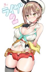 Rule 34 | 1girl, atelier (series), atelier ryza, atelier ryza 2, bare shoulders, blush, breasts, brown hair, cleavage, collarbone, daive, earrings, gloves, hair ornament, hat, highres, jacket, jewelry, key, key necklace, large breasts, leather belt, looking at viewer, navel, necklace, panty straps, partially fingerless gloves, red shorts, reisalin stout, short hair, short shorts, shorts, single sidelock, single thighhigh, skindentation, sleeveless, sleeveless jacket, solo, thick thighs, thigh strap, thighhighs, thighs, white hat, yellow eyes, yellow jacket