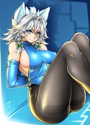 Rule 34 | 1girl, arms behind back, ass, bare shoulders, blue eyes, blue leotard, blue theme, braid, breasts, cleavage, closed mouth, covered erect nipples, elbow gloves, gloves, hair between eyes, hair ribbon, highres, izayoi sakuya, knees up, large breasts, leotard, looking at viewer, maid headdress, pantyhose, ribbon, shiny clothes, short hair, sideboob, silver hair, sitting, solo, sweatdrop, tajima yuuki, thighband pantyhose, touhou, twin braids