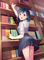Rule 34 | 1girl, ass, black skirt, blue hair, blush, book, bookshelf, breasts, earbuds, earphones, from behind, green eyes, holding, holding book, idolmaster, idolmaster million live!, kamille (vcx68), looking at viewer, looking back, medium breasts, nanao yuriko, open mouth, short hair, skirt, solo, standing
