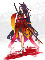 Rule 34 | 1girl, black hair, clog sandals, detached sleeves, hair ribbon, highres, hime cut, japanese clothes, katana, long hair, long sleeves, md5 mismatch, okobo, ootachi, original, red eyes, redjuice, resized, resolution mismatch, ribbon, sandals, socks, solo, source smaller, sword, tabi, upscaled, very long hair, weapon