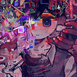 Rule 34 | 1boy, abstract background, aqua pupils, arms at sides, bare arms, bare shoulders, black eyes, black hair, black sweater vest, black tank top, bright pupils, closed mouth, collarbone, collared shirt, colored skin, expressionless, fingernails, glitch, hair behind ear, hair between eyes, omori, omori (omori), shirt, short hair, sunny (omori), sweater vest, tank top, uminosoko44, white shirt, white skin