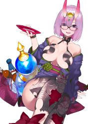 Rule 34 | 1girl, absurdres, aka shiro kiiro, bare shoulders, breasts, cosplay, eyeliner, fate/grand order, fate (series), glasses, highres, horns, japanese clothes, kimono, large breasts, makeup, mash kyrielight, off shoulder, revealing clothes, short hair, shuten douji (fate), shuten douji (fate) (cosplay), skin-covered horns, smile, solo, white background