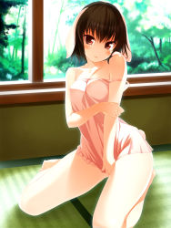 Rule 34 | 1girl, :p, animal ears, bare legs, barefoot, breasts, brown eyes, brown hair, chemise, covering privates, covering crotch, female focus, highres, hinohoshi ataru, inaba tewi, nipples, rabbit ears, rabbit girl, rabbit tail, sany, see-through, short hair, solo, strap slip, tail, tatami, thighs, tongue, tongue out, touhou