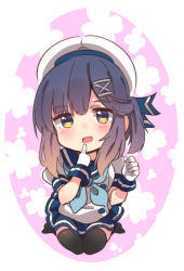 Rule 34 | 1girl, :d, black thighhighs, blue neckerchief, blue sailor collar, blue skirt, blush, fang, gloves, gradient background, hat, kantai collection, long hair, neckerchief, open mouth, pleated skirt, puffy short sleeves, puffy sleeves, purple hair, sailor collar, sailor hat, school uniform, serafuku, short sleeves, skirt, smile, solo, suzuki toto, thighhighs, tsushima (kancolle), white gloves, white hat, yellow eyes