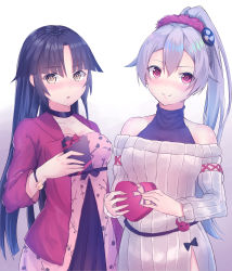 Rule 34 | 2girls, :o, absurdres, bare shoulders, black choker, black hair, blush, box, breasts, choker, cleavage, closed mouth, collarbone, dress, fate/grand order, fate (series), gift, gift box, gradient background, grey background, heart-shaped box, highres, holding, holding box, holding gift, jacket, katou danzou (fate), long hair, long sleeves, looking at viewer, medium breasts, multiple girls, muragaki (sgxx4878), nose blush, off-shoulder, off-shoulder sweater, off shoulder, open clothes, open jacket, parted bangs, parted lips, pink dress, ponytail, red eyes, red jacket, red skirt, silver hair, skirt, smile, straight hair, sweater, sweater dress, tareme, tomoe gozen (fate), valentine, white sweater, wristband