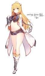Rule 34 | 1girl, ahoge, artist name, black necktie, blonde hair, boots, character request, coat, crop top, full body, grey shorts, hairpods, highres, knee boots, kneehighs, long hair, looking at viewer, mal poi, micro shorts, midriff, navel, necktie, red necktie, shiny skin, short shorts, shorts, simple background, socks, solo, soulworker, standing, stomach, thighs, white background, white coat, white footwear, yellow eyes, yellow socks