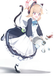 1girl absurdres animal_ear_headphones animal_ears apron black_dress black_footwear blonde_hair blue_archive blush cat_ear_headphones cat_tail coffee dress fake_animal_ears fake_tail falling hair_between_eyes hairband headphones highres holding holding_tray maid maid_apron maid_headdress momoi_(blue_archive) momoi_(maid)_(blue_archive) open_mouth pink_eyes ponytail sidelocks standing standing_on_one_leg tail tray tsugumiyusa white_apron white_hairband