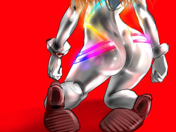 Rule 34 | 1girl, ass, ass focus, bodysuit, bravoida, brown hair, evangelion: 3.0+1.0 thrice upon a time, highres, huge ass, kneeling, long hair, neon genesis evangelion, neon lights, plugsuit, rebuild of evangelion, red background, shiny clothes, simple background, skin tight, solo, souryuu asuka langley, standing, thighs, turtleneck, white bodysuit