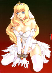 Rule 34 | 1girl, bare shoulders, bdsm, blonde hair, blue eyes, bondage, bound, breasts, bride, choker, cleavage, cuffs, dress, elbow gloves, g-string, gloves, handcuffs, highres, kanesada keishi, long hair, non-web source, panties, slave, solo, source request, strapless, strapless dress, thighhighs, thong, torn clothes, underwear, wedding dress