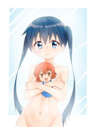 Rule 34 | 1girl, bad id, bad pixiv id, blue eyes, blue hair, blush, blush stickers, breasts, character doll, closed mouth, collarbone, completely nude, fang, groin, highres, inokuma youko, kerun, kin-iro mosaic, komichi aya, long hair, looking at viewer, nude, hugging object, out-of-frame censoring, small breasts, smile, solo, stomach, twintails, two-tone background, upper body
