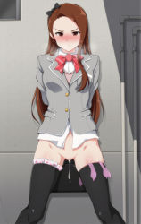 Rule 34 | 1girl, angry, arms behind back, blouse, blush, bottomless, bow, bowtie, briefcase, brown hair, condom, condom belt, cum, cum in pussy, cum string, cumdrip, frown, hairband, heart, idolmaster, idolmaster (classic), legs apart, long hair, looking at viewer, minase iori, pointless condom, pussy, red bow, red bowtie, red eyes, ribbon, school briefcase, school uniform, shirt, solo, standing, sweatdrop, tengu (tetuo kun), thighhighs, uncensored, used condom, v-shaped eyebrows, very long hair, white shirt