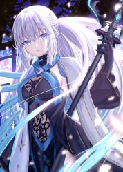 Rule 34 | 1girl, black dress, black gloves, blue eyes, braid, breasts, dress, fate/grand order, fate (series), french braid, gloves, grey hair, highres, kazama (akki12), large breasts, long hair, long sleeves, looking at viewer, morgan le fay (fate), morgan le fay (queen of winter) (fate), pelvic curtain, ponytail, sidelocks, solo, staff, two-tone dress, very long hair, white dress, wide sleeves