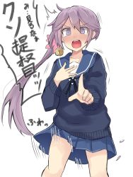 Rule 34 | 1girl, absurdres, akebono (kancolle), bell, black sweater, blue sailor collar, blue skirt, commentary request, cowboy shot, dokuganryuu, flower, hair bell, hair flower, hair ornament, hand on own chest, highres, index finger raised, jingle bell, kantai collection, long hair, looking at viewer, motion lines, open mouth, pleated skirt, purple eyes, purple hair, round teeth, sailor collar, school uniform, serafuku, shitty admiral (phrase), side ponytail, simple background, skirt, solo, sweater, tears, teeth, upper teeth only, very long hair, white background