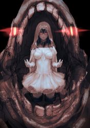 Rule 34 | 10s, 1girl, abyssal ship, black background, black hair, breasts, cleavage, collar, commentary request, dark persona, dress, frilled skirt, frills, glasses, gloves, glowing, glowing eyes, highres, kantai collection, long hair, looking at viewer, metal collar, nina (ninageya), ooyodo (kancolle), red eyes, sketch, skirt, teeth, veil, wedding dress, white dress, white gloves