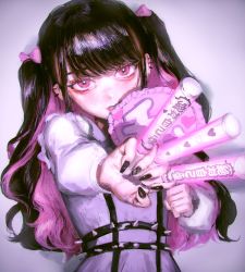 Rule 34 | 1girl, absurdres, black hair, black nails, bow, glowing, hair bow, hatena (nazequestion), highres, long hair, long sleeves, looking at viewer, multicolored hair, nail polish, original, pink bow, pink eyes, pink hair, shadow, shirt, solo, spikes, two-tone hair, upper body, white shirt