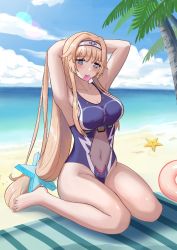 Rule 34 | 1girl, aqua eyes, armpits, arms behind head, arms up, beach, beach towel, blonde hair, blue one-piece swimsuit, blue sky, breasts, casual one-piece swimsuit, cloud, condom, condom in mouth, condom wrapper, covered navel, day, enterprise (warship girls r), hair ornament, heart, heart-shaped pupils, heart tattoo, large breasts, long hair, low-tied long hair, mouth hold, ocean, one-piece swimsuit, outdoors, palm tree, pubic tattoo, pubic tattoo through clothing, sidelocks, sitting, sky, solo, star (symbol), star hair ornament, stomach tattoo, swimsuit, symbol-shaped pupils, tattoo, towel, tree, user gztx5723, very long hair, wariza, warship girls r