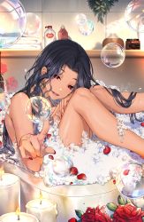Rule 34 | 1girl, absurdres, bathtub, black hair, bottle, breasts, bubble, candle, cleavage, dark-skinned female, dark skin, earrings, feet out of frame, fingernails, flower, from side, highres, index finger raised, indoors, jewelry, kingchenxi, knees together feet apart, legs up, long fingernails, long hair, looking at viewer, mole, mole on breast, mole under eye, nail polish, nijisanji, nijisanji en, nude, open mouth, partially submerged, petals, red eyes, red flower, red nails, scarle yonaguni, smile, soap bubbles, solo, towel, virtual youtuber