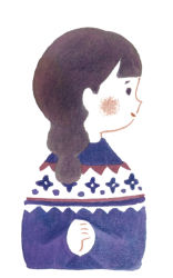 Rule 34 | 1girl, black hair, blending, blue sweater, blunt bangs, blush stickers, closed mouth, cropped torso, from side, hair over shoulder, hands up, hirasawa minami, long hair, long sleeves, looking to the side, original, own hands clasped, own hands together, print sweater, profile, simple background, smile, solid oval eyes, solo, sweater, traditional media, upper body, white background