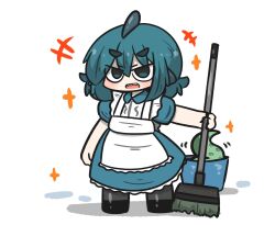 Rule 34 | +++, 1girl, :d, apron, black footwear, blue dress, blue eyes, blue hair, broom, bucket, chibi, collared dress, commentary request, dress, frilled apron, frills, fuka-chan, full body, grey pantyhose, hair between eyes, highres, holding, holding broom, open mouth, original, outstretched arm, pantyhose, puffy short sleeves, puffy sleeves, shadow, sharp teeth, shoes, short eyebrows, short sleeves, simple background, smile, solo, sparkle, standing, teeth, tentacles, thick eyebrows, uni souchou, white apron, white background