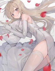 Rule 34 | 1girl, absurdres, alternate costume, blonde hair, blush, closed mouth, dress, elbow gloves, gloves, highres, kantai collection, long hair, looking at viewer, lying, on side, petals, picoli1313, shimakaze (kancolle), simple background, sleeveless, sleeveless dress, smile, solo, thighhighs, white background, white dress, white thighhighs, yellow eyes