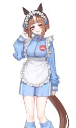 Rule 34 | 1girl, animal ears, apron, arm at side, blue jacket, blue shorts, blush, breasts, brown hair, feet out of frame, frilled hairband, frills, grin, hairband, hand up, highres, horse ears, horse girl, horse tail, jacket, jersey maid, leg warmers, looking at viewer, maid, medium breasts, name tag, ningen3333, red eyes, short hair, shorts, simple background, sleeves past wrists, smile, solo, tail, transcend (umamusume), umamusume, unconventional maid, v-shaped eyebrows, waist apron, white background