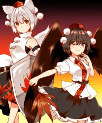 Rule 34 | &gt;:(, 2girls, ;), animal ears, bare shoulders, blush, breasts, brown eyes, brown hair, detached sleeves, feather fan, frown, hat, highres, inubashiri momiji, looking at viewer, medium breasts, multiple girls, one eye closed, pom pom (clothes), red eyes, serious, shameimaru aya, shield, short hair, silver hair, skirt, smile, tail, tokin hat, touhou, v-shaped eyebrows, wings, wolf ears, wolf tail, yururi nano