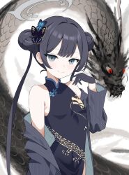 Rule 34 | 1girl, black dress, black gloves, black hair, blue archive, blush, butterfly hair ornament, china dress, chinese clothes, closed mouth, coat, commentary request, double bun, dragon, dragon print, dress, eastern dragon, gloves, grey coat, grey eyes, hair bun, hair ornament, highres, kisaki (blue archive), long hair, long sleeves, open clothes, open coat, raimu (clanberry000), smile, solo, striped coat, twintails, vertical-striped coat
