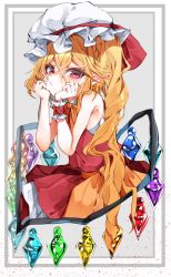 Rule 34 | 1girl, armpits, bare shoulders, belt, blush, bow, bowtie, closed mouth, collared dress, commentary request, crystal, dress, eyelashes, flandre scarlet, frills, grey background, hair between eyes, hands on own face, hands up, hat, hat ribbon, highres, jewelry, long hair, looking at viewer, mob cap, multicolored wings, orange belt, orange bow, orange bowtie, orange hair, pointy ears, ponytail, red dress, red eyes, red ribbon, ribbon, side ponytail, sitting, sleeveless, sleeveless dress, solo, touhou, tsune (tune), white background, white hat, wings, wrist cuffs