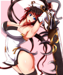 Rule 34 | 1girl, armpits, arms up, banpresto, black hair, blue eyes, breasts, covered navel, detached sleeves, fingerless gloves, gloves, high ponytail, huge breasts, long hair, looking at viewer, multicolored hair, nanbu kaguya, ponponmaru, red hair, smile, solo, super robot wars, super robot wars og saga mugen no frontier, sword, thick thighs, thighs, very long hair, weapon