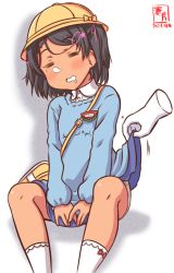 Rule 34 | 1girl, alternate costume, artist logo, bag, black hair, blue shirt, blue skirt, braid, commentary request, dated, disembodied hand, drooling, feet out of frame, hat, kanon (kurogane knights), kantai collection, kindergarten bag, kindergarten uniform, long sleeves, mole, mole under eye, name tag, one-hour drawing challenge, panties, pleated skirt, saliva, school hat, school uniform, scirocco (kancolle), shirt, short hair, simple background, skirt, sleeping, smock, socks, solo, tan, two side up, underwear, white background, white panties, white socks, yellow hat