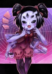 Rule 34 | 1girl, absurdres, arthropod girl, black hair, bow, bowtie, colored skin, cup, extra arms, extra eyes, fangs, hair bow, hands on own hips, hands up, highres, insect girl, looking at viewer, monster girl, muffet, notice lines, onimiere, open mouth, purple skin, red bow, red bowtie, short hair, silk, smile, solo, spider girl, spider web, teacup, two side up, undertale