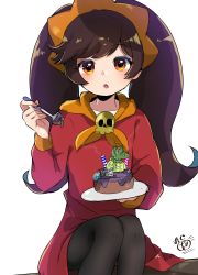 Rule 34 | 1girl, :o, absurdres, ashley (warioware), big hair, black hair, black pantyhose, blush, cake, candle, collarbone, dress, eyebrows, feet out of frame, female focus, food, fork, garlic, hairband, hand up, highres, holding, holding fork, holding plate, legs together, long hair, long sleeves, looking at viewer, meiwari, neckwear request, nintendo, orange eyes, orange hairband, orange neckwear, pantyhose, parted lips, plate, red dress, sidelocks, simple background, sitting, skull, smoke, solo, twintails, warioware, white background, witch