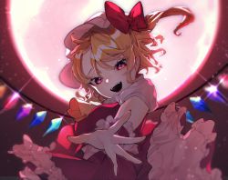 Rule 34 | 1girl, :d, ascot, blonde hair, blurry, bokeh, breasts, commentary request, depth of field, diffraction spikes, fang, flandre scarlet, floating, full moon, glint, glitch, hat, hat ribbon, highres, kappa mame, looking at viewer, mob cap, moon, night, night sky, one side up, open mouth, outdoors, outstretched hand, parted bangs, petticoat, pointy ears, puffy short sleeves, puffy sleeves, reaching, reaching towards viewer, red eyes, red moon, red skirt, red vest, ribbon, shirt, short hair, short sleeves, skirt, sky, small breasts, smile, solo, teeth, touhou, upper body, upper teeth only, vest, white hat, white shirt, wings, wrist cuffs, yellow ascot