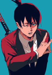 Rule 34 | 1boy, black hair, black jacket, black suit, blue background, blue eyes, chainsaw man, collared shirt, earrings, fingernails, formal, hair tied, hair tied up, hand signs, hayakawa aki, highres, jacket, jewelry, long sleeves, medium hair, necktie, onaka 333, one eye closed, open mouth, piercing, shirt, sleeves past elbows, solo, suit, sword, weapon, white shirt