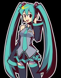 Rule 34 | 1girl, black skirt, black thighhighs, blue hair, blue necktie, breasts, collared shirt, detached sleeves, ghost trick, goomyloid, grey shirt, hatsune miku, headset, highres, long hair, looking at viewer, medium breasts, necktie, official style, open mouth, pleated skirt, shirt, skirt, smile, solo, teeth, thighhighs, twintails, upper teeth only, vocaloid