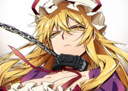 Rule 34 | 1girl, blonde hair, breasts, bright pupils, chain, cleavage, closed mouth, hat, kirisita, large breasts, long hair, looking at viewer, mob cap, simple background, solo, touhou, upper body, white background, white hat, white pupils, yakumo yukari, yellow eyes
