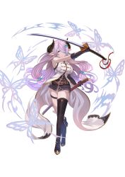 Rule 34 | 1girl, absurdres, asymmetrical footwear, asymmetrical gloves, bare shoulders, belt, black gloves, boots, braid, breasts, demon horns, draph, elbow gloves, full body, gloves, granblue fantasy, hair ornament, hair over one eye, hairclip, highres, holding, holding sword, holding weapon, horns, huge filesize, katana, large breasts, light purple hair, long hair, low-tied long hair, low tied hair, narmaya (granblue fantasy), pointy ears, sheath, simple background, single braid, single thighhigh, sleeveless, solo, sword, thigh boots, thigh strap, thighhighs, tnr (horiko1525), uneven footwear, uneven gloves, weapon, white background