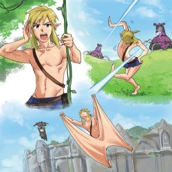 Rule 34 | 2boys, armpits, belt, blonde hair, commentary request, dodging, gliding, grass, guardian (zelda), jungle no ouja tar-chan, laser, link, long hair, mecha, monbetsu kuniharu, multiple boys, nintendo, no nipples, parody, pectorals, plant, pointy ears, ponytail, robot, scar, scrotum pull, short hair, stretched limb, testicles, the legend of zelda, the legend of zelda: breath of the wild, topless male, vines, weapon, what