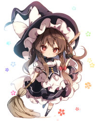 Rule 34 | 1girl, apron, black bow, black hat, black skirt, black socks, bow, braid, broom, brown eyes, brown hair, chibi, closed mouth, commentary request, cosplay, floral background, frilled apron, frilled skirt, frills, hair bow, hakurei reimu, hand up, hat, hat bow, holding, holding broom, kirisame marisa, kirisame marisa (cosplay), kneehighs, long hair, looking at viewer, mini-hakkero, piyokichi, puffy short sleeves, puffy sleeves, red bow, shirt, short sleeves, side braid, skirt, socks, solo, standing, standing on one leg, touhou, very long hair, waist apron, white apron, white background, white bow, white shirt, witch hat