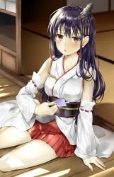 Rule 34 | 1girl, architecture, arm support, black hair, breasts, detached sleeves, east asian architecture, food, fusou (kancolle), hair ornament, hakama, hakama short skirt, hakama skirt, highres, holding, holding food, ice cream, japanese clothes, jurakin, kantai collection, long hair, md5 mismatch, medium breasts, nontraditional miko, on floor, open door, popsicle, porch, red eyes, red hakama, shouji, sitting, skirt, sliding doors, solo, tatami, veranda